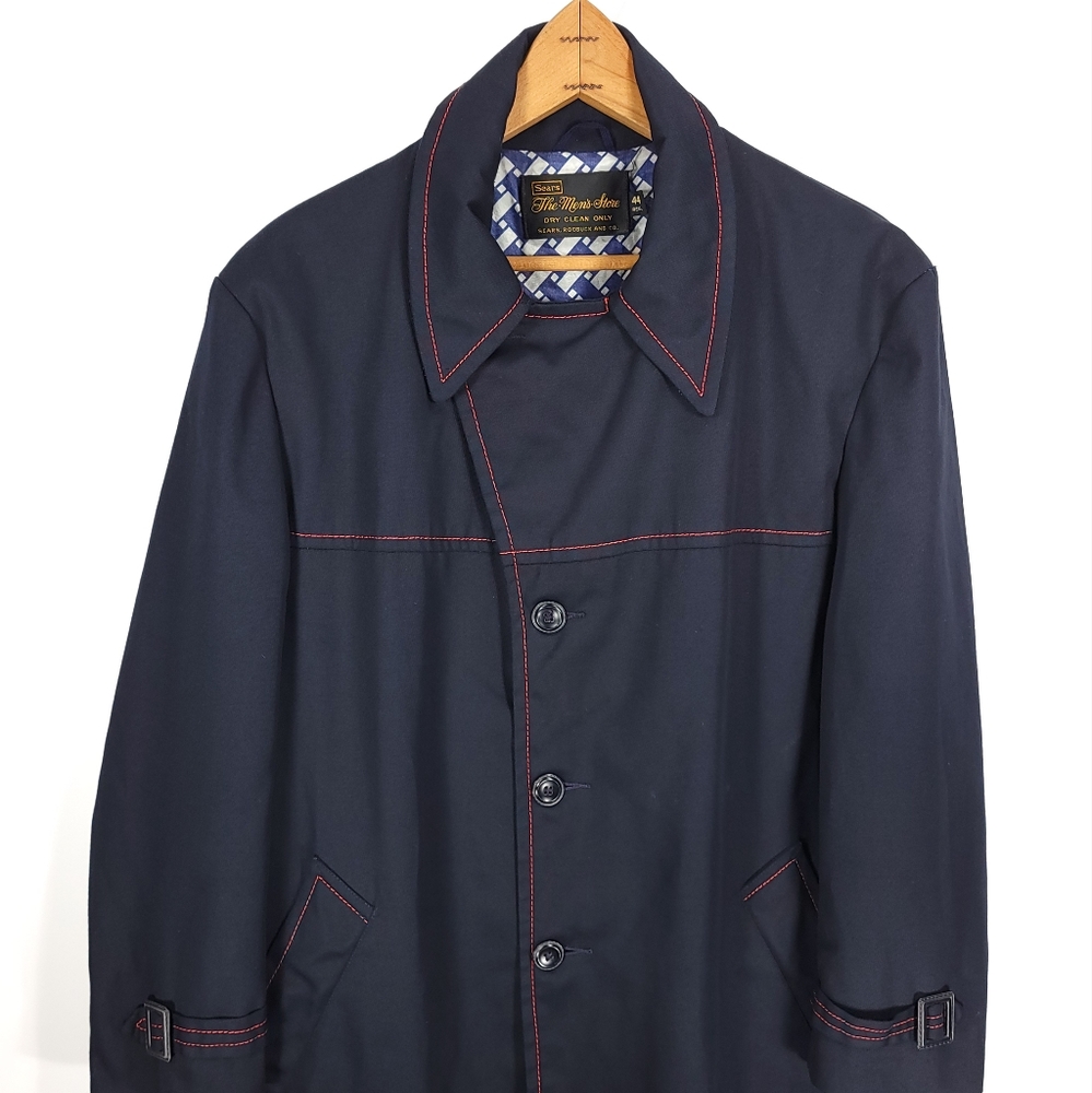 Vtg Sears The Men's Store Jacket Coat 44 Reg Navy Blue Button Front Lined Retro